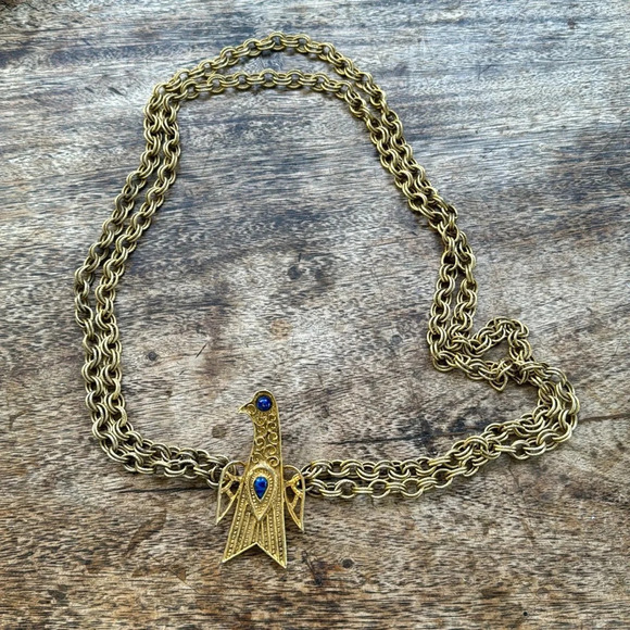 Gold blue lapis bird chain belt statement belt